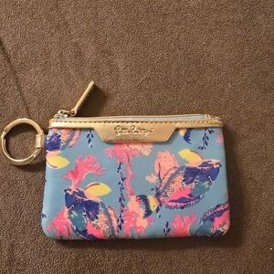 Lilly Pulitzer Floral Key Pouch - Blue with Neon Floral And Gold Accents
